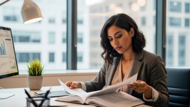 Professional woman in business attire engaged in reading documents at a modern office desk, showcasing focus and concentration, camera performs a subtle zoom in