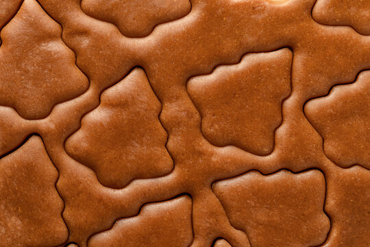 Christmas cookies festive background. Rolled out pastry dough with cut out Christmas tree shapes close up, texture. Preparation of homemade gingerbread cookies, top view