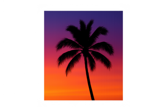 Palm tree silhouette against vibrant sunset sky, tropical vacation evening with orange and purple gradient background - Powered by Adobe