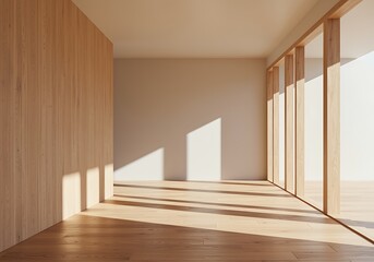Minimalist room interior with wooden details and sunlight casting shadows across the floor creating a bright and modern atmosphere
