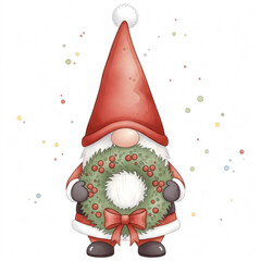 Watercolor clipart of gnome holding wreath decorated with berries, isolated on white background