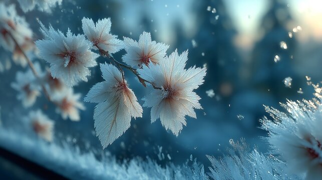 Hoarfrost covering tree branch leaves in winter