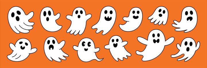cartoon ghost characters with playful expressions on orange background
