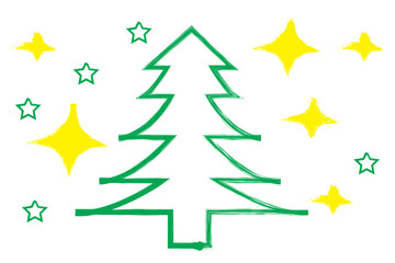 Obraz premium hand drawn green Christmas tree with green and yellow stars