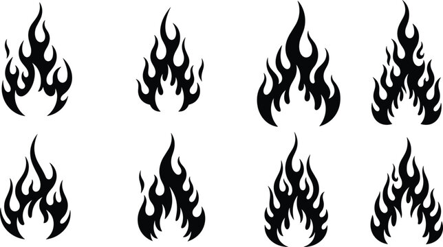 Stylized flame icon, black fire vector, abstract burning shapes, tattoo flame clipart, heat symbol design, fire silhouette illustration