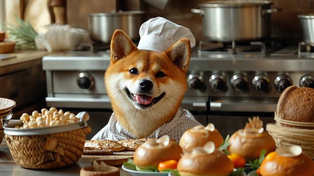 Happy shiba inu dressed as a chef prepares delicious meals in a cozy kitchen setting