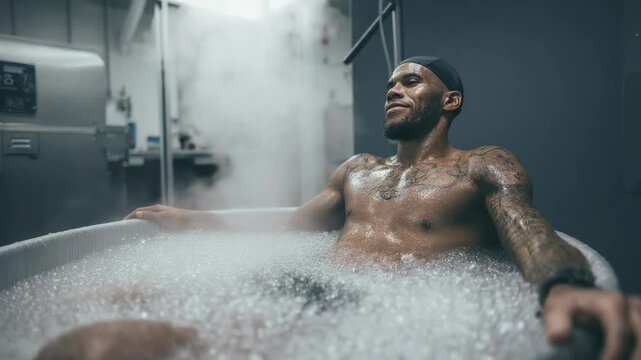 Man enjoying cryotherapy treatment in cold plunge tub for recovery