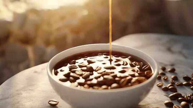 Pouring fresh coffee into a bowl of roasted beans