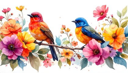 Colorful Birds and Flowers Watercolor Painting.