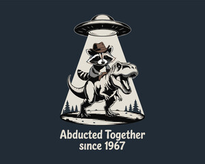 A raccoon cowboy riding a tyrannosaurus rex being abducted by a classic ufo © SMFARHANTANVIR