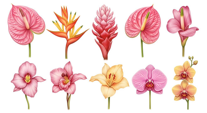 Vibrant collection of tropical exotic flowers including anthuriums and orchids in various shades of pink and yellow