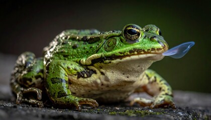 Fototapeta premium Green frog on a rock with blurred background