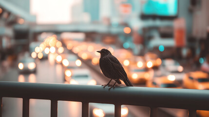 Lonely Crow on City Bridge at Sunset