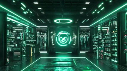Futuristic cyberpunk retail store with neon green lights