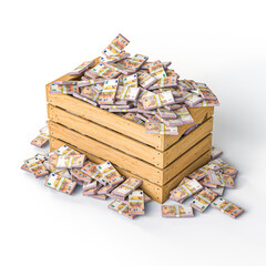 Wooden crate overflowing 3d euro money bundles
