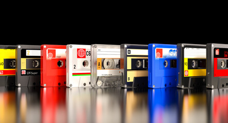 Colorful audio cassette tapes vintage 3d