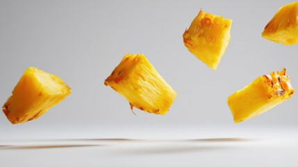 Studio shot of pineapple chunks in mid air on white background for tropical fruit concept with copy space
