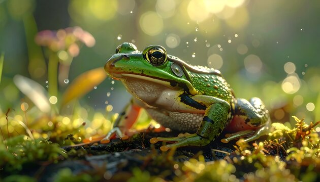 Green frog sits on moss with bokeh sunlight filtering through trees and sprinkling water droplets on its back