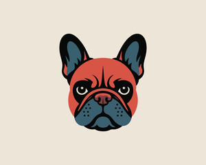 Stylized red and blue french bulldog head vector illustration for design.
