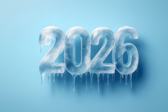Frozen 2026 digits with icicles on blue background, perfect for winter campaigns, seasonal branding, climate visuals, New Year promotions, tourism, retail, and event marketing