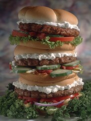 Stacked towering burger close up shot featuring multiple patties and fresh ingredients on a neutral background