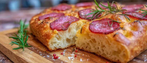 Close up of Salami Focaccia Bread with Rosemary on Wood Board; eye-level shot of Italian flatbread with meat and herbs; food photography