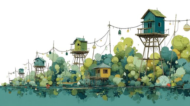 Colorful wooden treehouses built above calm water high resolution picture