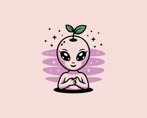 Cute alien character with plant sprout head illustration, friendly and calm