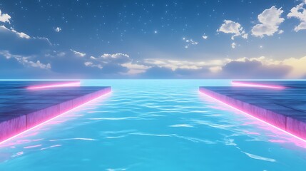 Dreamy escape into serene waters under a starlit sky, perfect for peaceful meditation retreats and calm vacation promotions, highlighting tranquility and beauty