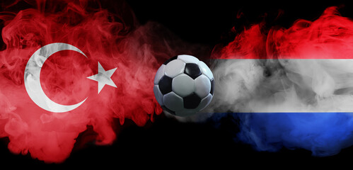 Poster with Turkey vs Netherlands football rivalry with smoke flags and soccer ball. Concept of...