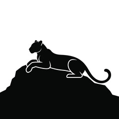 Black panther silhouette resting on a rocky outcrop against white background
