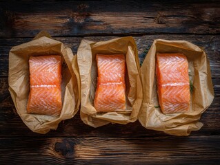 Three salmon fillets on brown paper viewed from above on dark wood surface for food photography