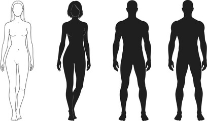Human body outline set, male female silhouettes, anatomical figure styles, character design reference, gender comparison art, line and shape study