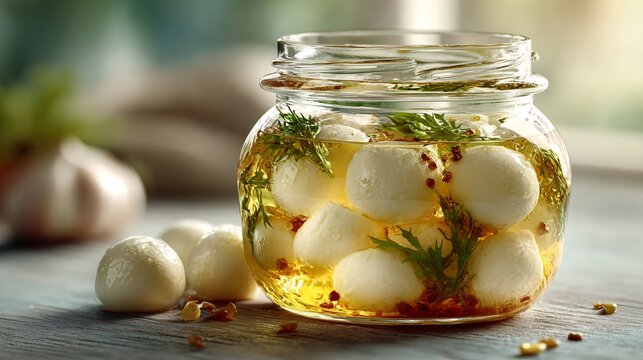 Marinating mozzarella balls in olive oil and herbs
