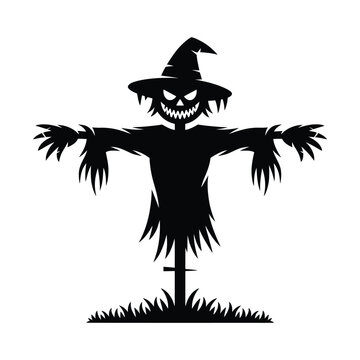 Spooky silhouette scarecrow with witch hat and grassy base