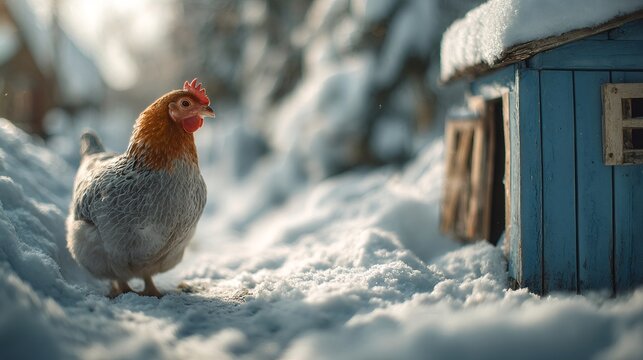 Free range chicken walking in winter snow