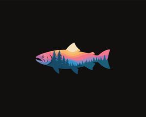 Vibrant fish silhouette with forest trees and layered sunset landscape