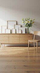 Minimalist Home Interior with Wooden Cabinet Frames and Flowers in a Vase showcasing Modern Design