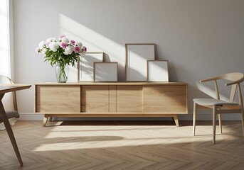 Elegant Interior with Light Oak Furniture Frames and Peonies Enhancing Home Decor and Atmosphere of Serenity and Refined Style