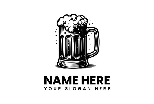 Vintage Styled Beer Mug Vector Logo Design for Brewery or Pub Branding, Featuring Frothy Beverage Illustration in Classic Monochrome Artwork. Customizable EPS Graphic Template - Powered by Adobe