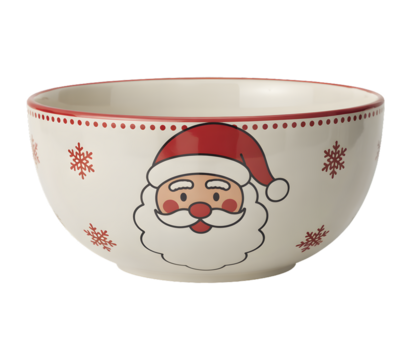 Hand painted ceramic bowl featuring a cheerful santa claus face and snowflakes isolated on transparent background - Powered by Adobe