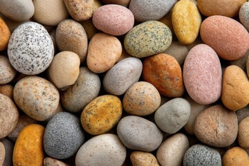 Colorful River Stones Arranged in a Close Up Overhead Shot Showing Texture and Variety of Colors and Patterns for Backgrounds or Design Elements