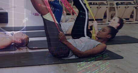 Stretching 3 women holding yellow, red bands on black studio mats, wearing tanks, chart overlay