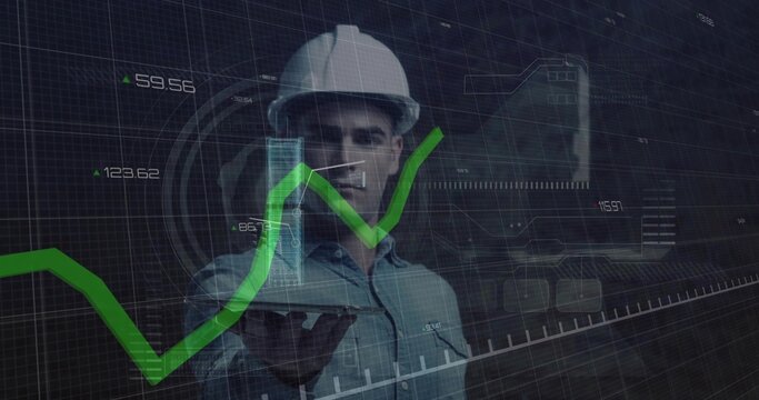 Showing engineer wearing white helmet light shirt holding hologram tower at AR lab green graph HUD - Powered by Adobe