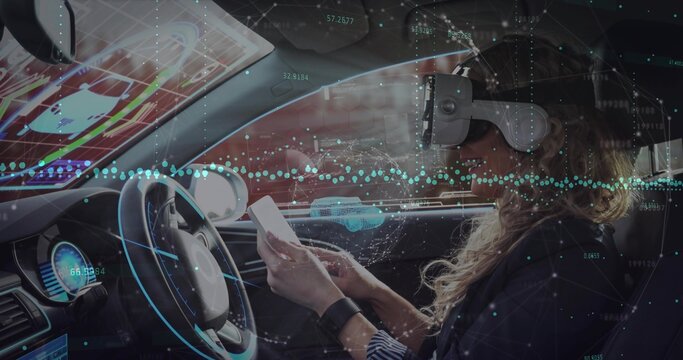 Testing AR, mid-adult woman wearing VR headset and dark blazer holding smartphone near HUD