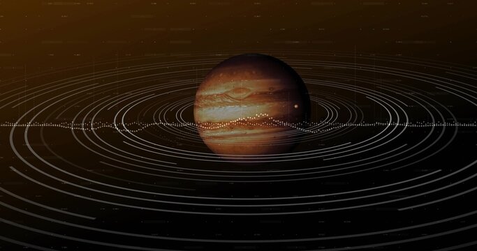 Naklejki Displaying central gas giant rotating in deep space, showing bands, storm, rings, dotted belt, data