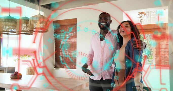 Standing couple wearing casual clothes holding handheld devices in bright dining, with AR overlay