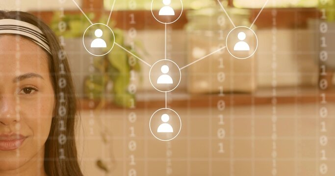 Showing woman with striped headband at home looking, network icons and binary streams, copy space