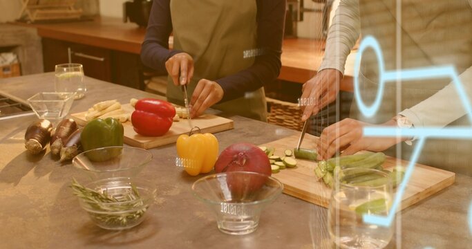 Chopping two women in aprons preparing vegetables on kitchen counter, with knives and blue overlay - Powered by Adobe