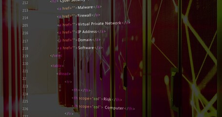 Glowing server racks and cabinets displaying colored LEDs in dim data center aisle, code overlay